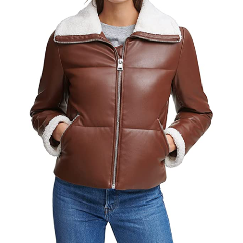 Brown leather puffer jacket